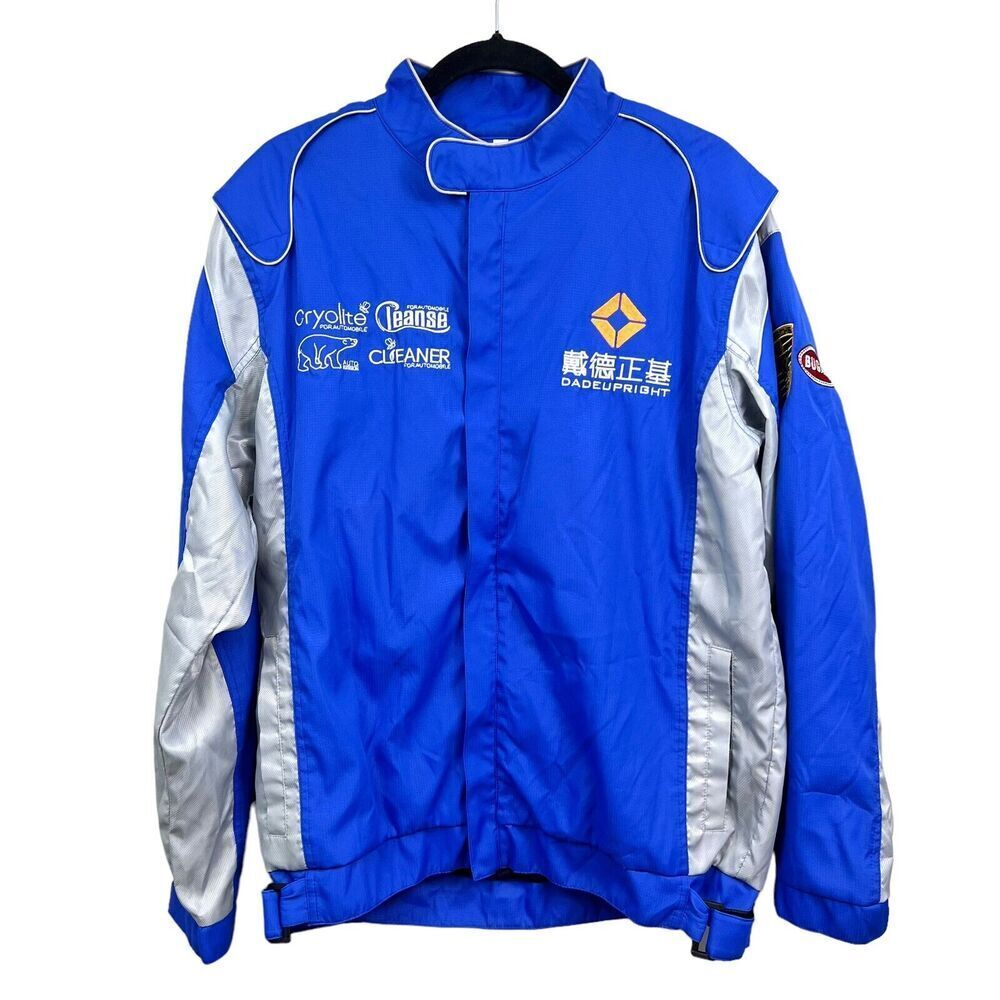 Windbreaker Jacket Stand Collar Mesh Lined Pockets Logo Patches Blue Men Sz XL*